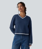 Sweat casual col V manches longues color block en coton
