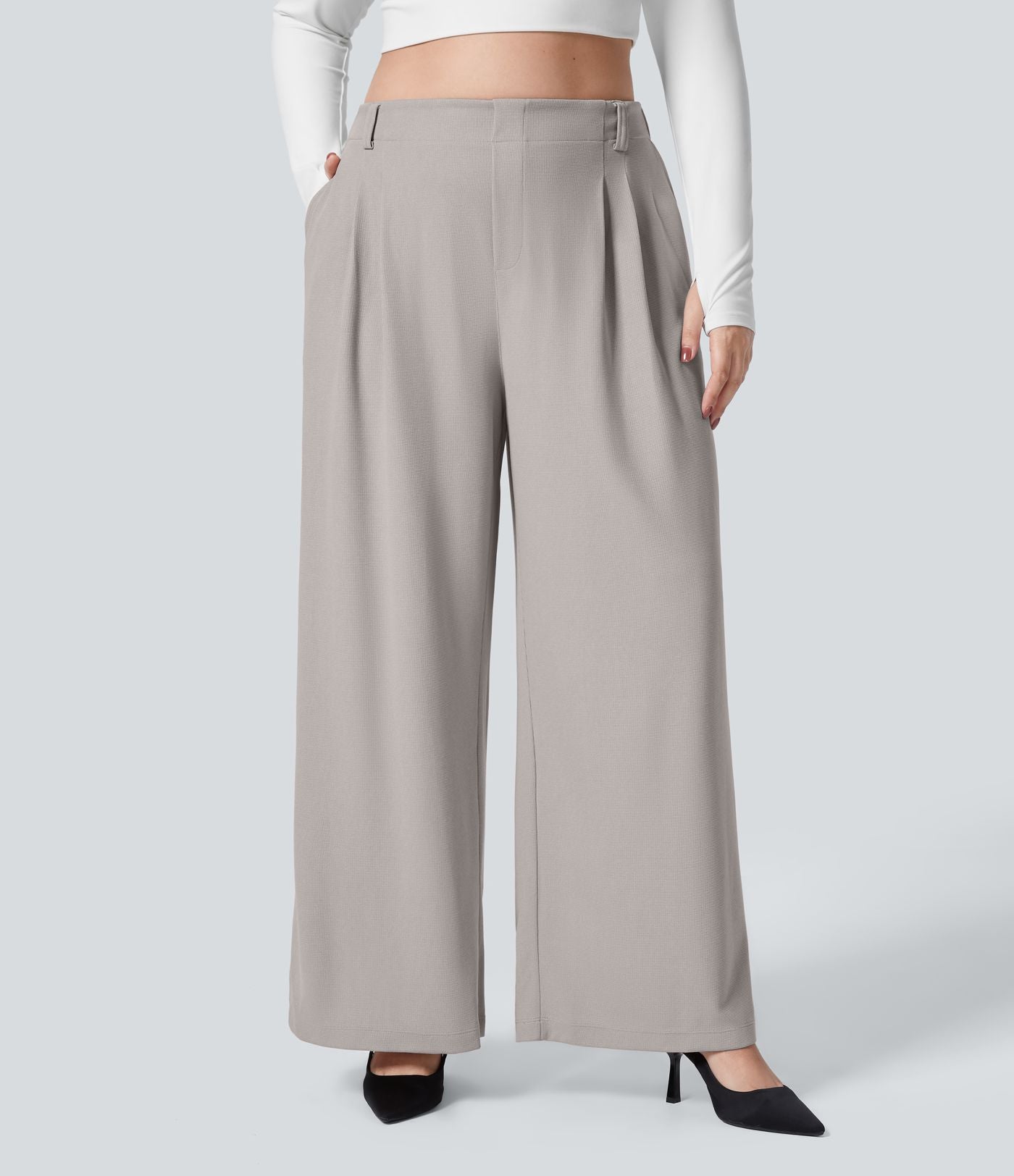Halara Flex™ Pantalon tailleur Grande taille à Taille Haute, Poches Latérales Plissées, Jambes Larges, en Tissu Gaufré