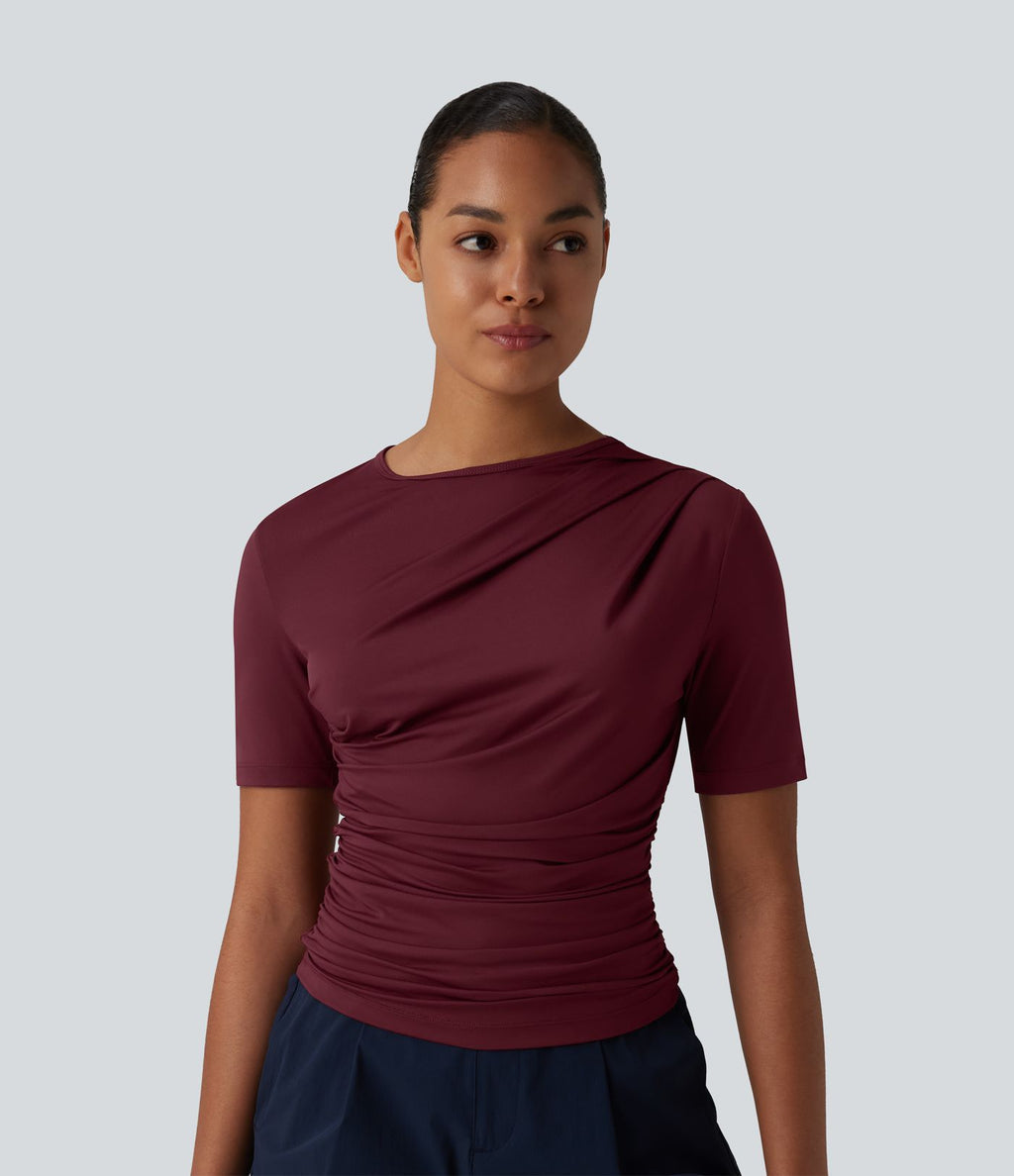 T-shirt décontracté asymétrique manches courtes froncé