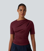 T-shirt décontracté asymétrique manches courtes froncé