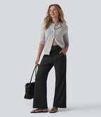 Pantalon casual évasé chiné taille mi-haute à ceinture rabattable, fronces et cordon de serrage avec poches