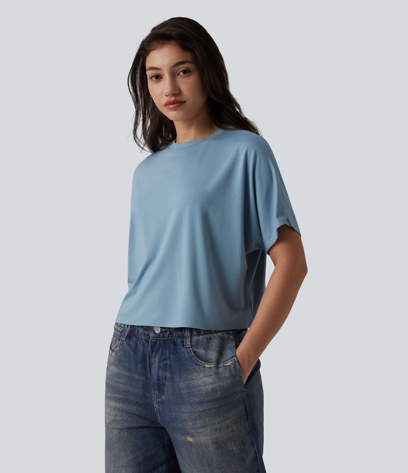 T-shirt décontracté col rond manches chauve-souris courtes
