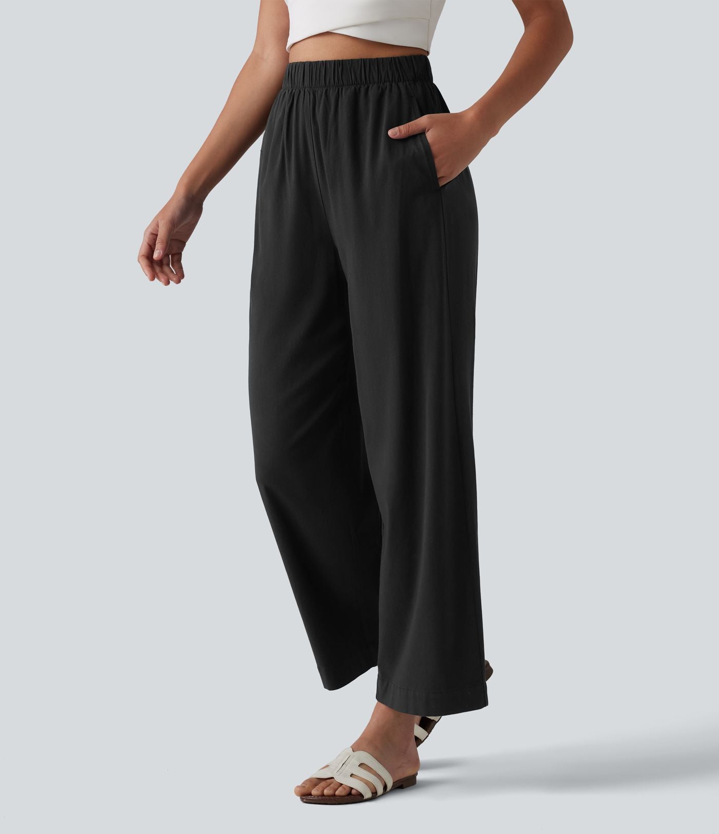 Pantalon casual 7/8 aspect lin stretch coupe droite taille haute avec poches