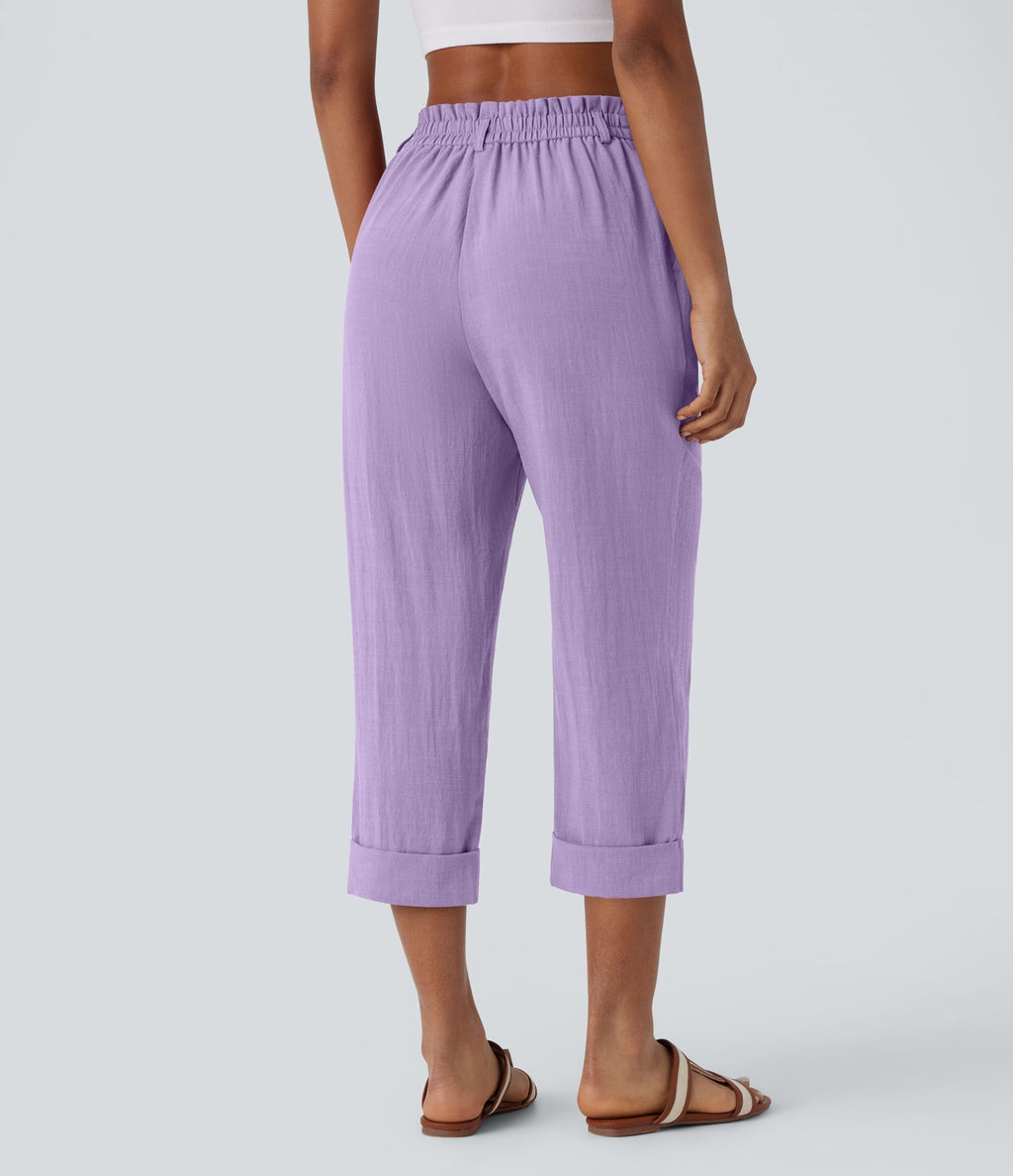 Pantalon capri effet lin taille haute avec poches zippées