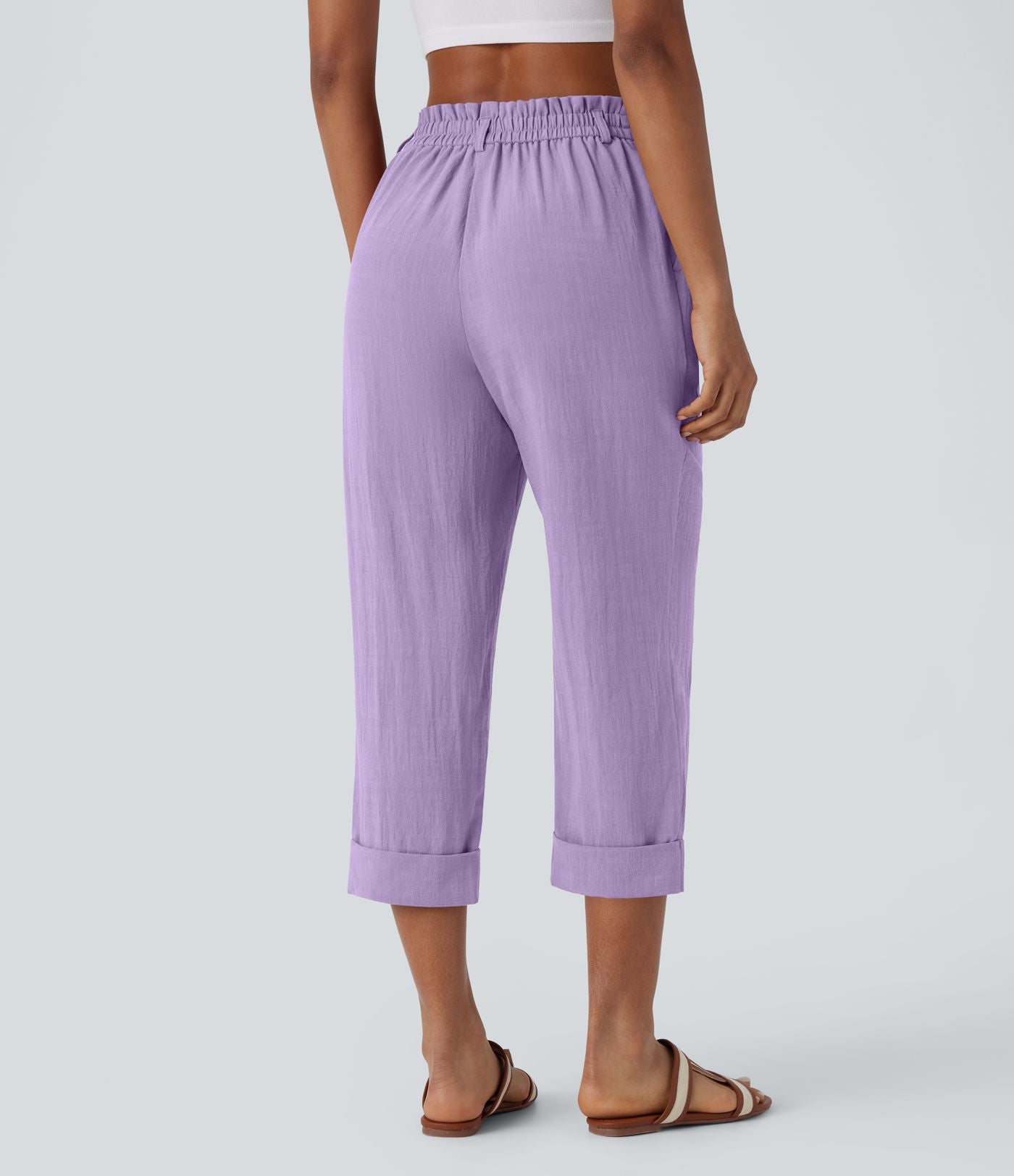 Pantalon capri effet lin taille haute avec poches zippées
