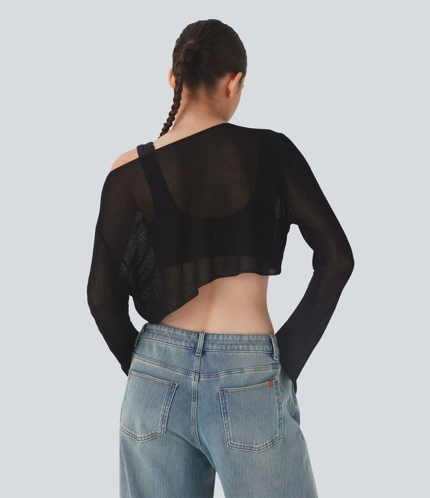 Pull décontracté transparent crop top encolure arrondie avec manches volantées