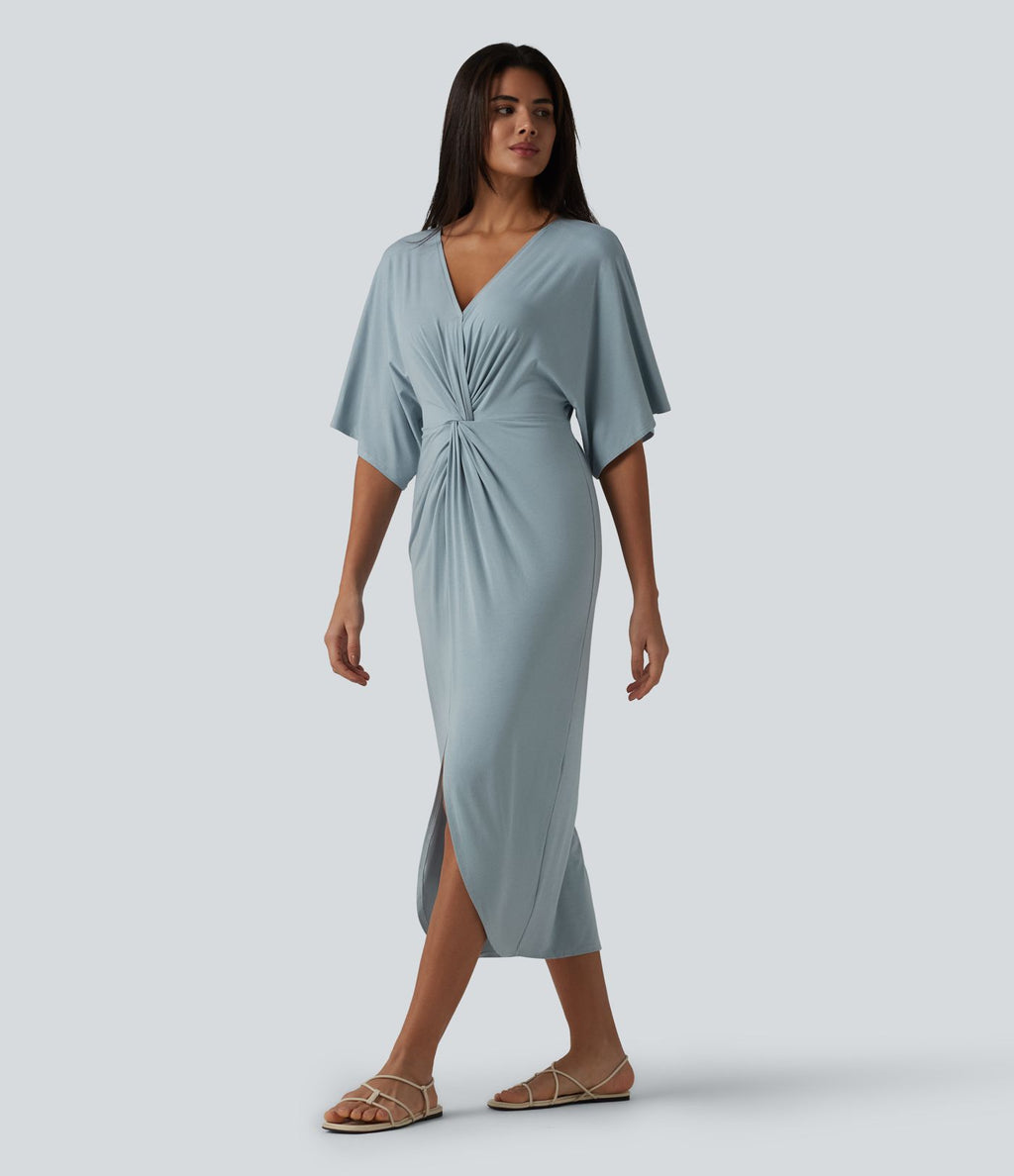 Robe midi col V manches chauve-souris ourlet tulipe torsadé