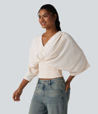 Blouse décontractée effet lin col V, manches chauve-souris et détails froncés