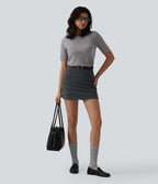 Pull tailleur ajusté col rond manches courtes mélange soie-laine