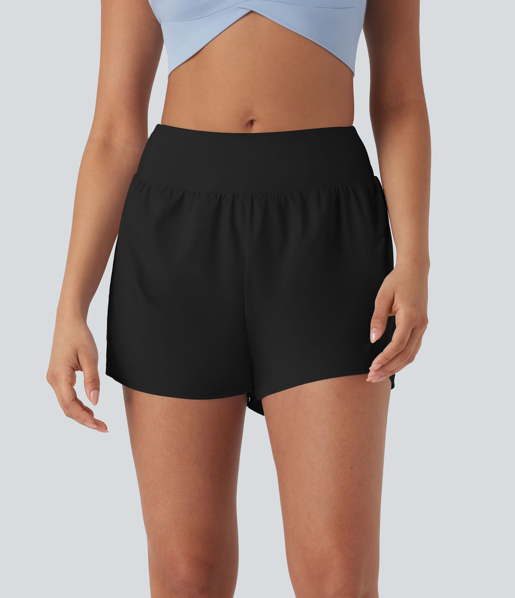 Short yoga 2-en-1 maille contrastée taille mid-rise avec poches