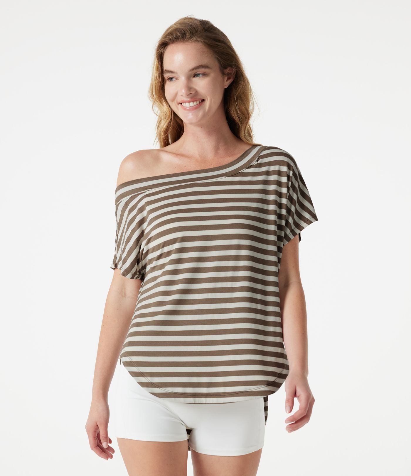 Top casual asymétrique épaule dénudée à rayures, manches courtes, ourlet incurvé et brassière intégrée