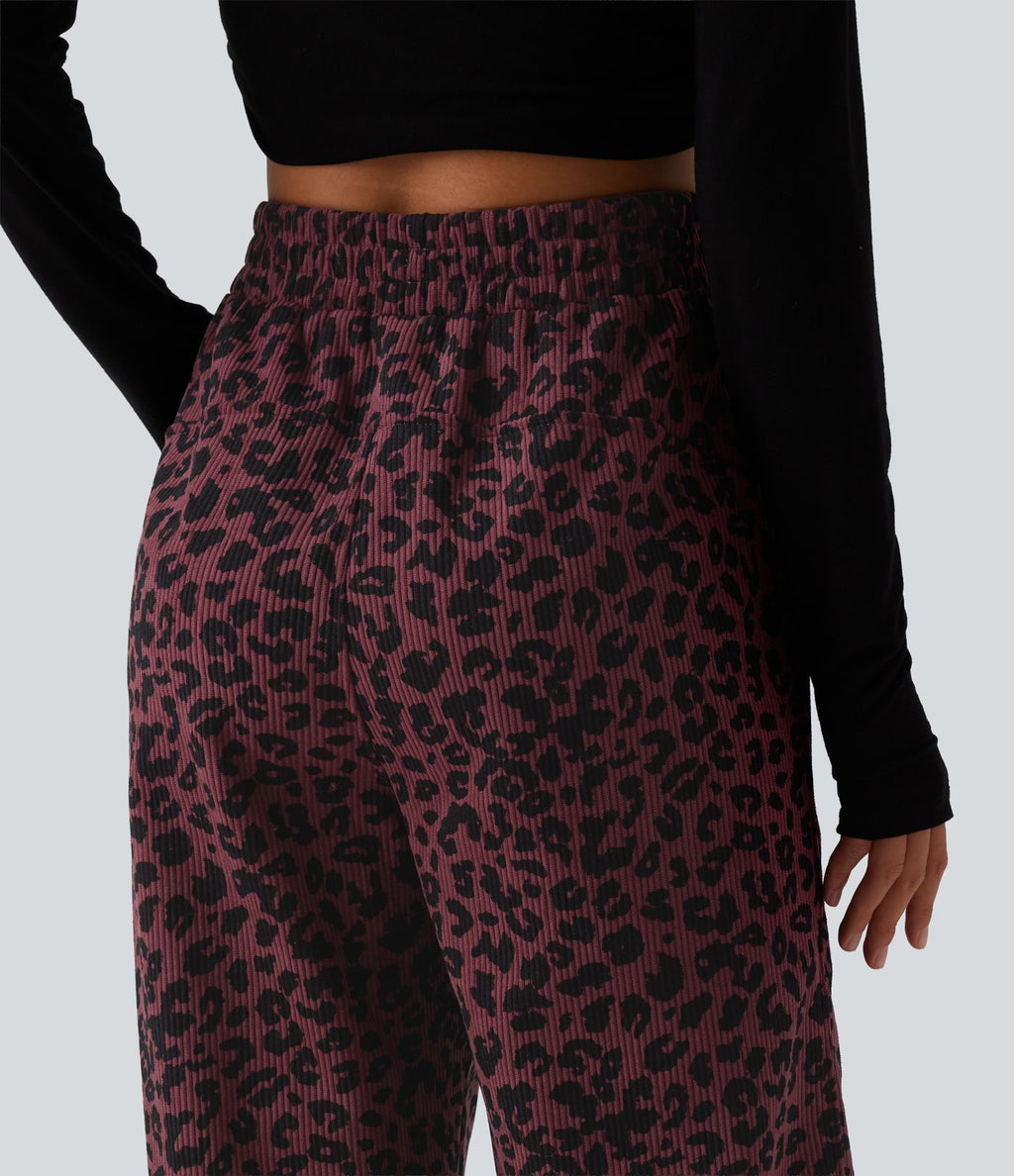 Pantalon léopard velours côtelé imprimé coupe droite mop taille haute avec poches