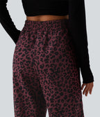 Pantalon léopard velours côtelé imprimé coupe droite mop taille haute avec poches