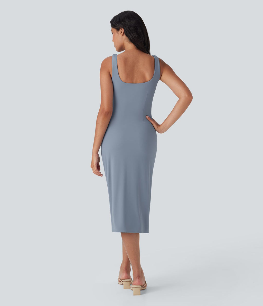Robe moulante mi-longue SoftlyZero™ Airy col carré corset froncée effet frais InstantCool, bonnets E-G
