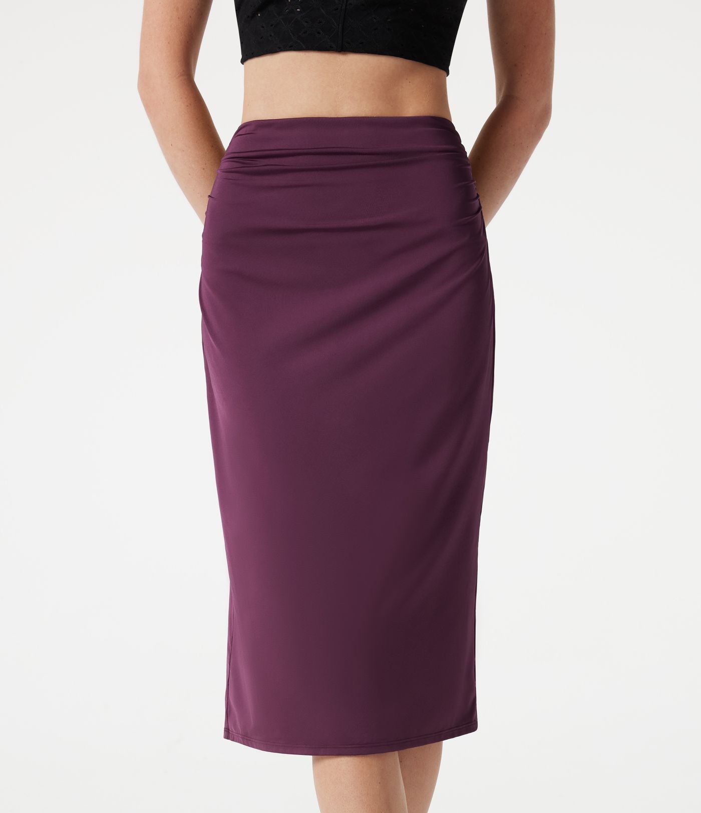 Jupe crayon midi décontracté taille haute extensible aspect satiné à effet frais InstantCool avec fronces