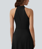 Robe midi fluide à col cheminée, sans manches, zip invisible, en satin extensible à effet frais InstantCool, idéale pour demoiselles d'honneur et invitées de mariage, avec poches
