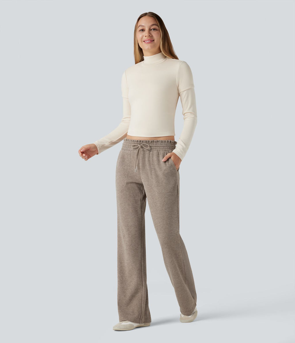Pantalon décontracté bootcut côtelé, taille basse, cordon et poches