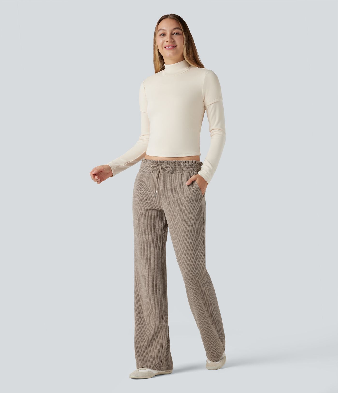 Pantalon décontracté bootcut côtelé, taille basse, cordon et poches