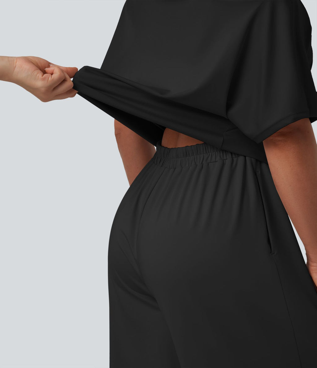 Combinaison casual asymétrique manches courtes avec poches et fente - Easy Peasy