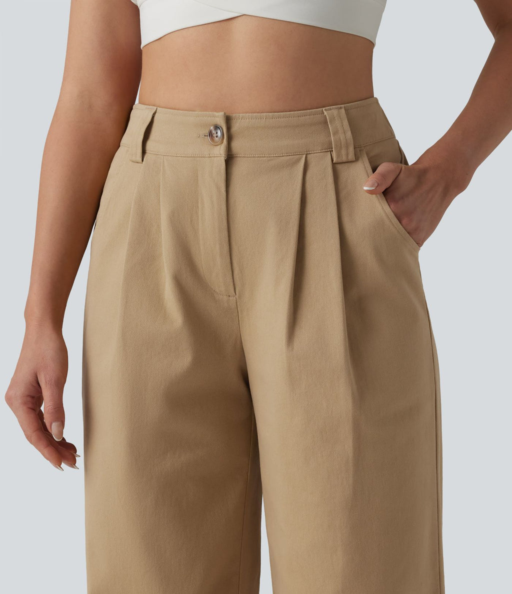 Pantalon chino décontracté en coton, taille haute, plissé, jambe droite, avec poches