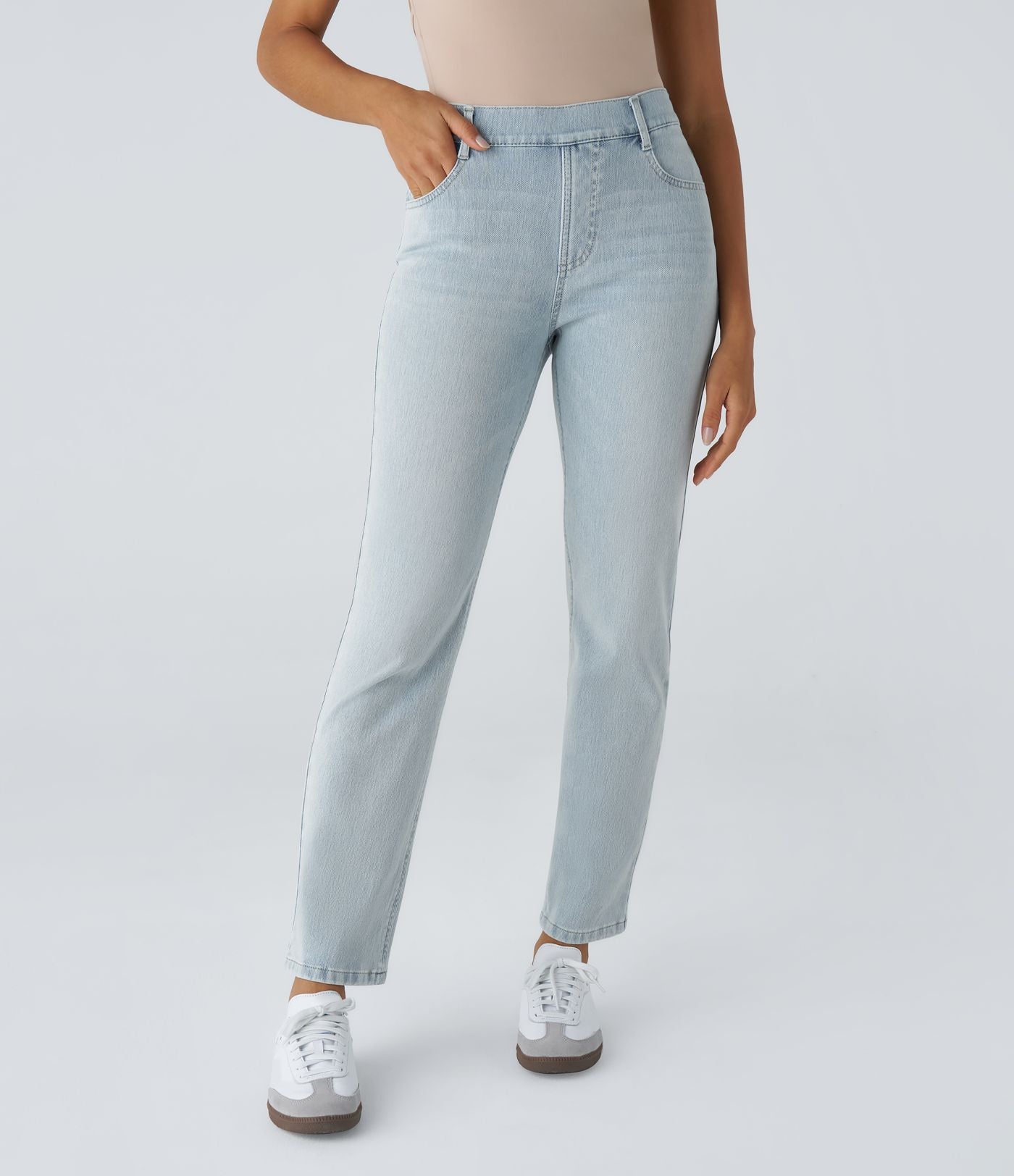 Jean droit Halara Flex™ à taille haute, poches multiples, effet délavé et tissu extensible
