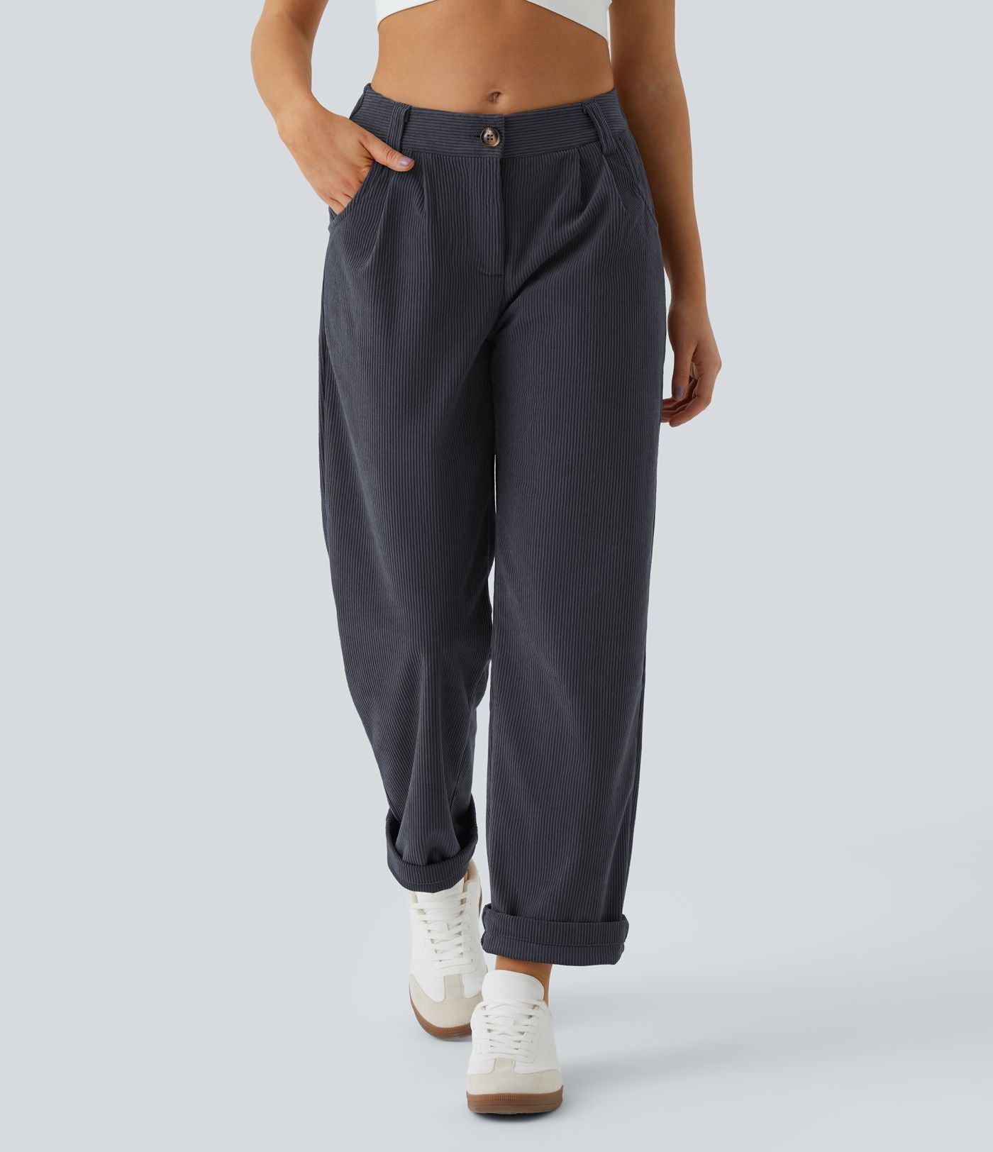 Pantalon en velours côtelé décontracté taille moyenne avec poches latérales