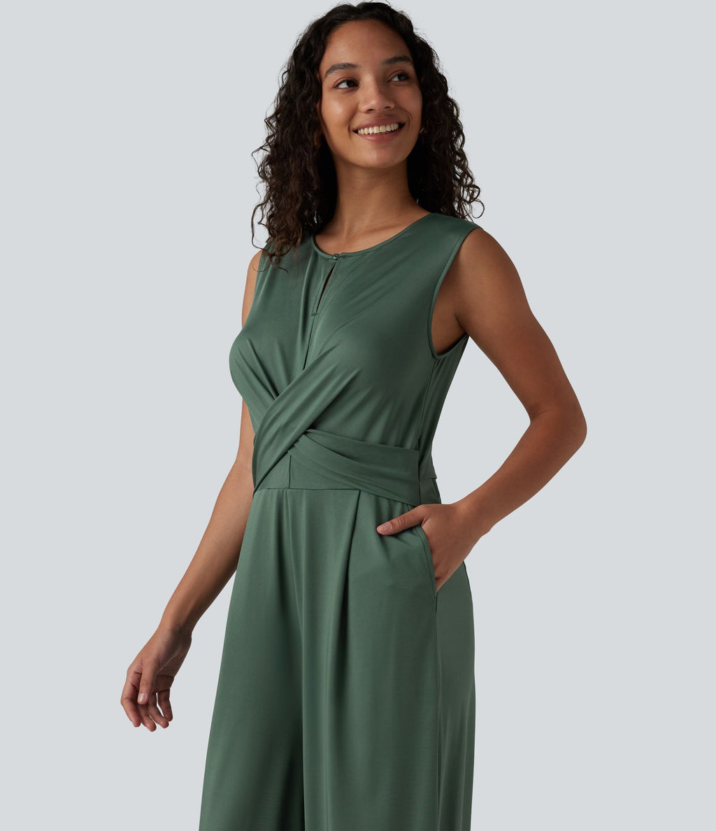 Combinaison tailleur jambe droite sans manches à col rond et taille croisée avec poches - Édition Easy Peasy