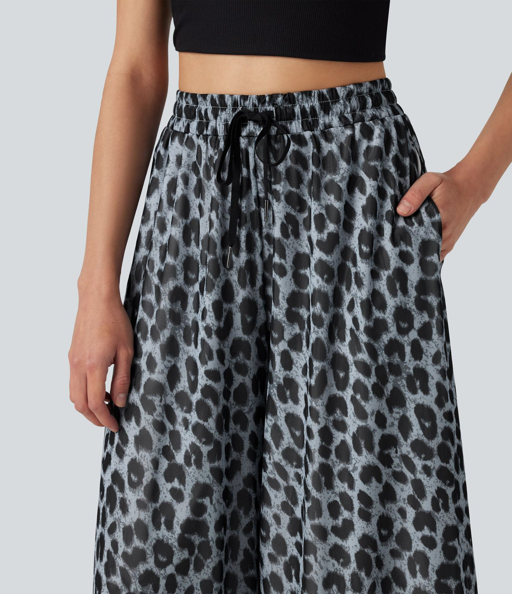 Pantalon léopard décontracté taille haute à cordon de serrage, coupe ample, en maille transparente avec poches
