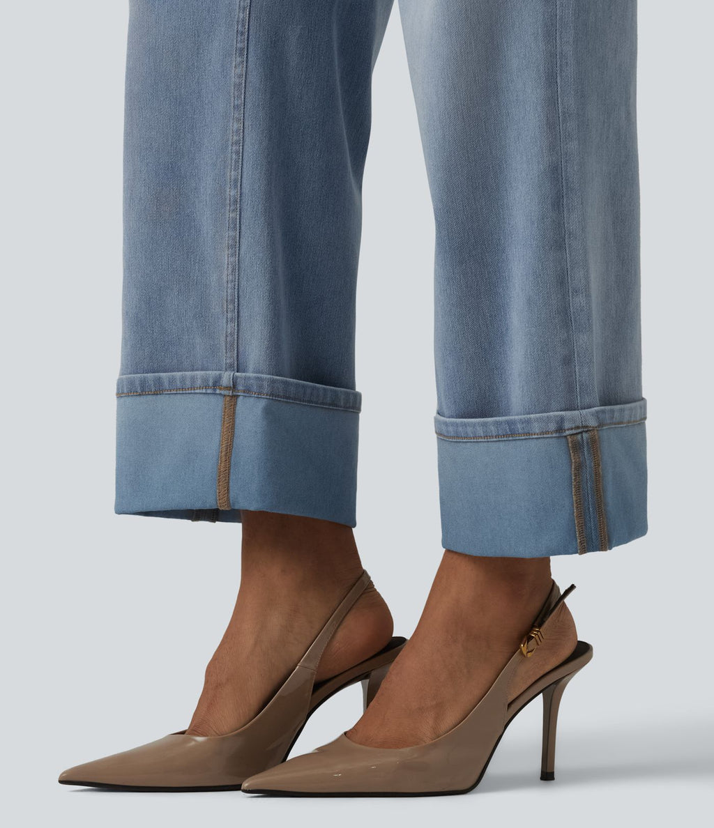 Jean coupe droite Halara Flex™ délavé décontracté, taille haute, à revers, à poches
