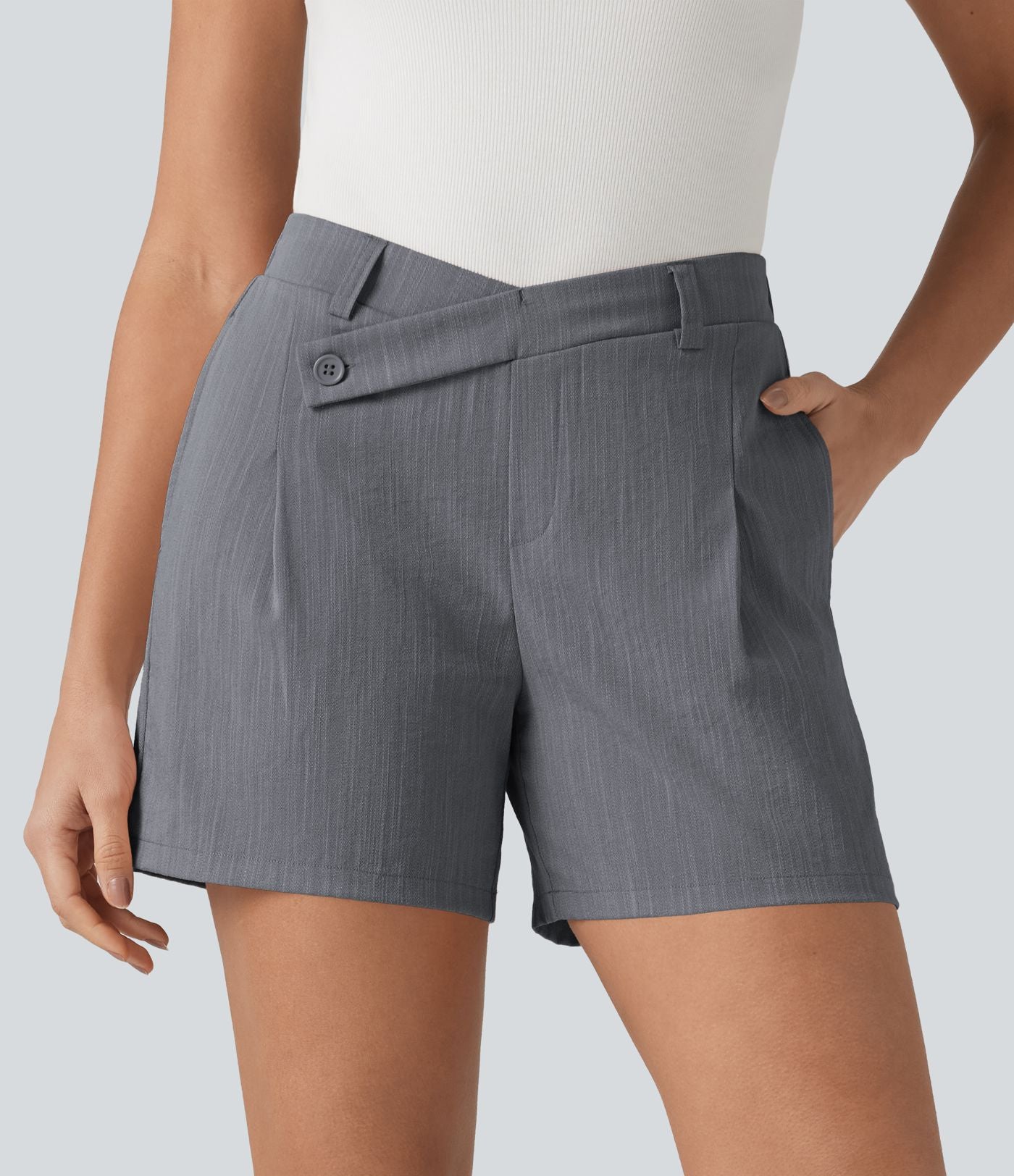 Short tailleur baggy asymétrique taille mi-haute aspect lin 12,5 cm avec poches