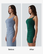 Robe courte moulante encolure carrée ventre plat avec effet gainant intégré et fronces