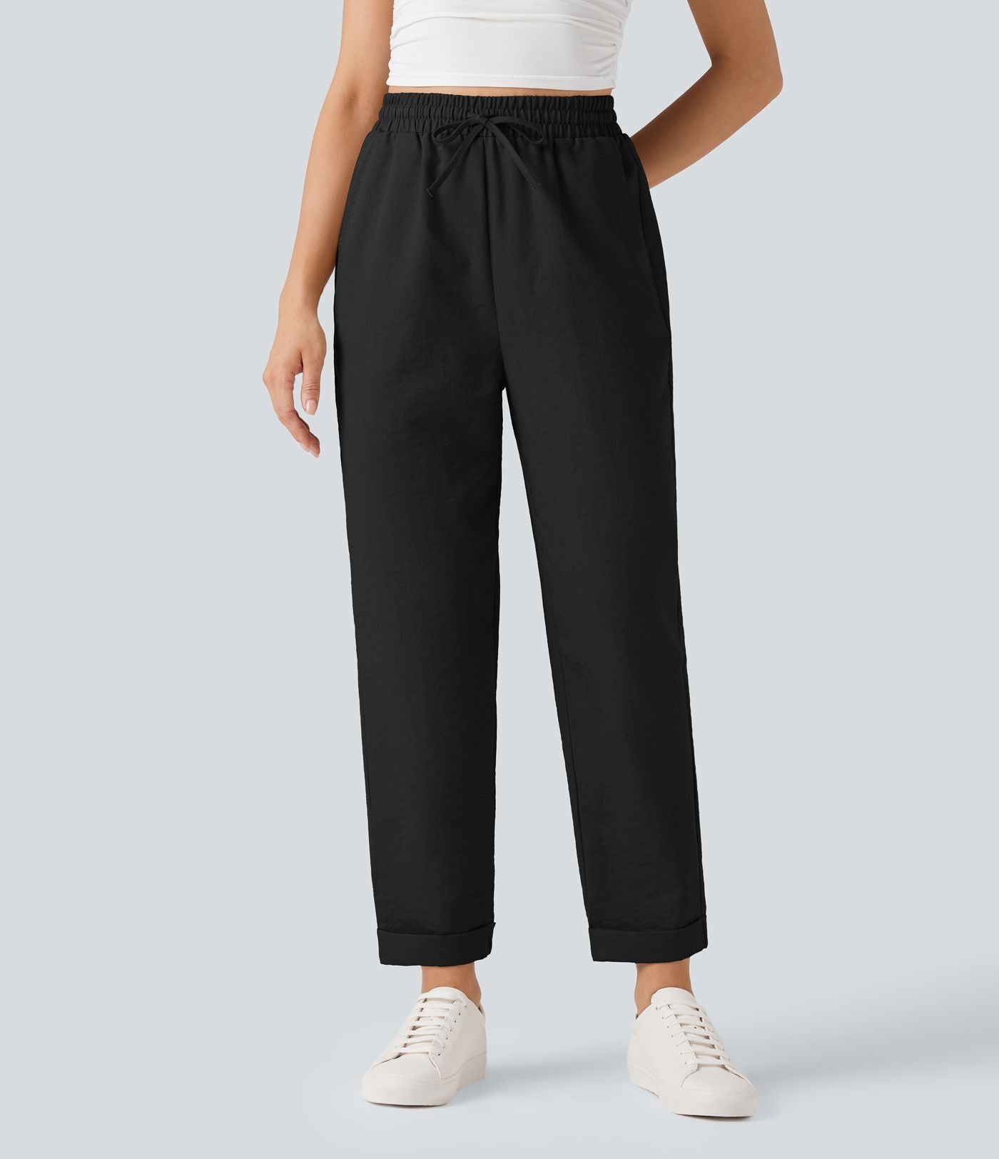 Pantalon décontracté fuselé effet lin taille haute infroissable avec cordon et poches