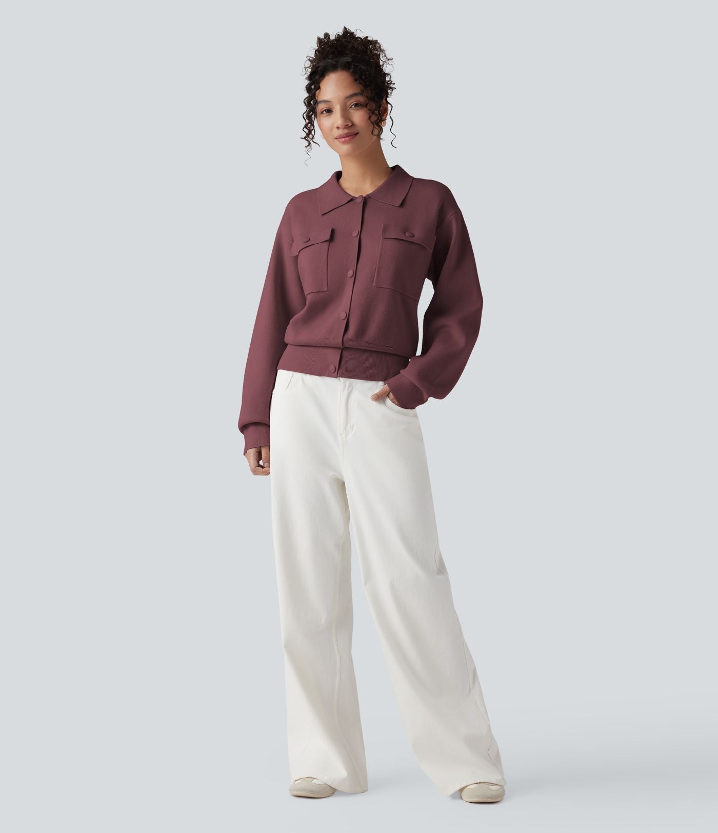 Pull décontracté à col chemise avec poches poitrine boutonnées