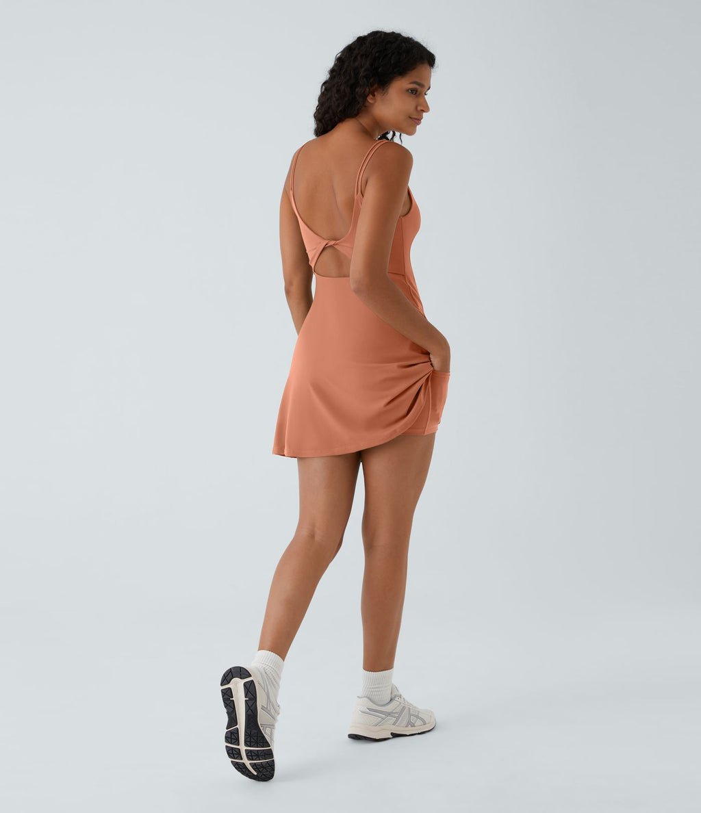 Robe de sport danse 2-pièces SoftlyZero™ Plush double bretelles caraco avec poche A-D