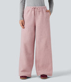 Pantalon large teddy taille mi-haute avec cordon de serrage et poches