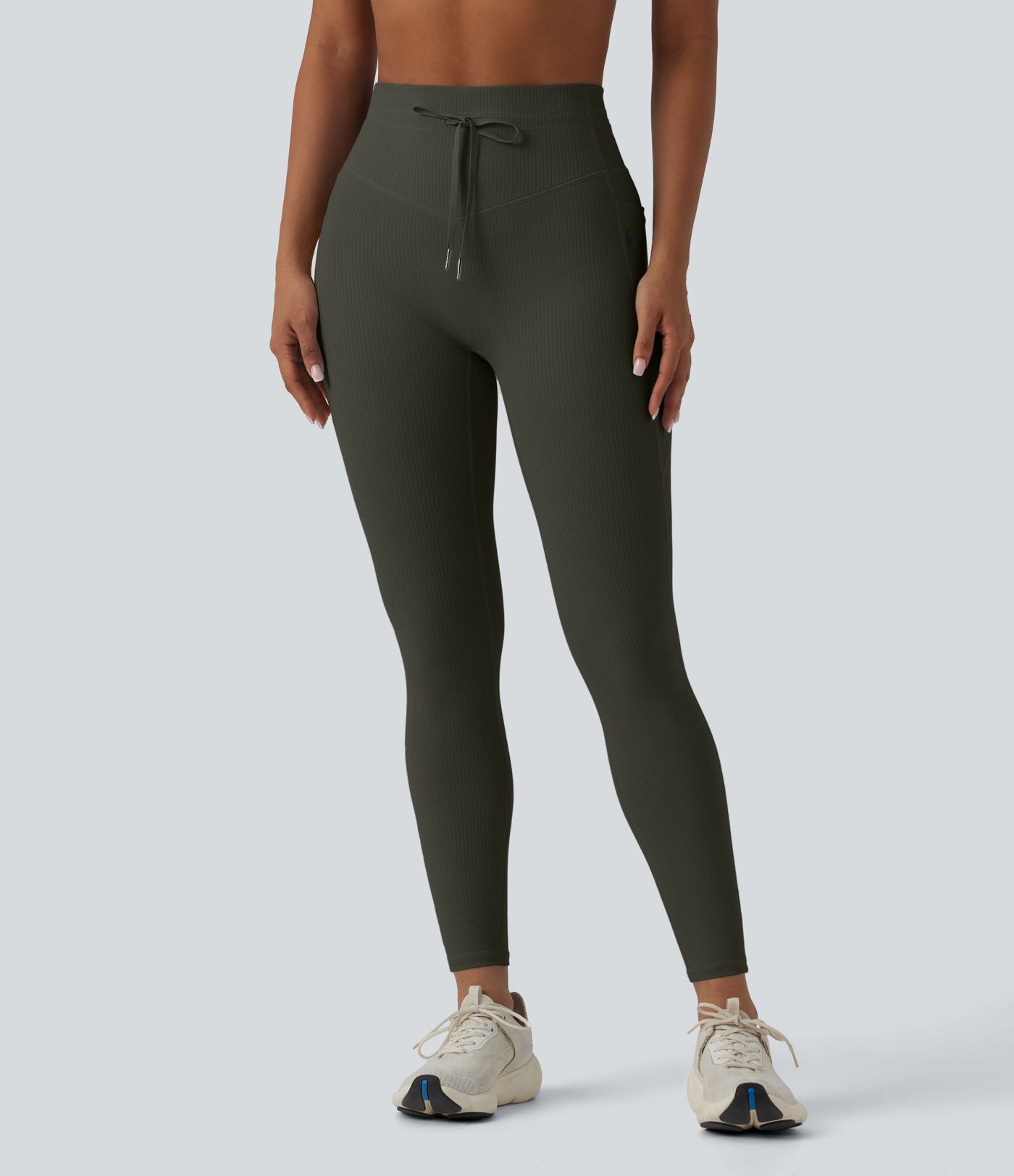 Legging de sport maille côtelée gainant à séchage rapide taille haute avec cordon de serrage et poches - UPF50+