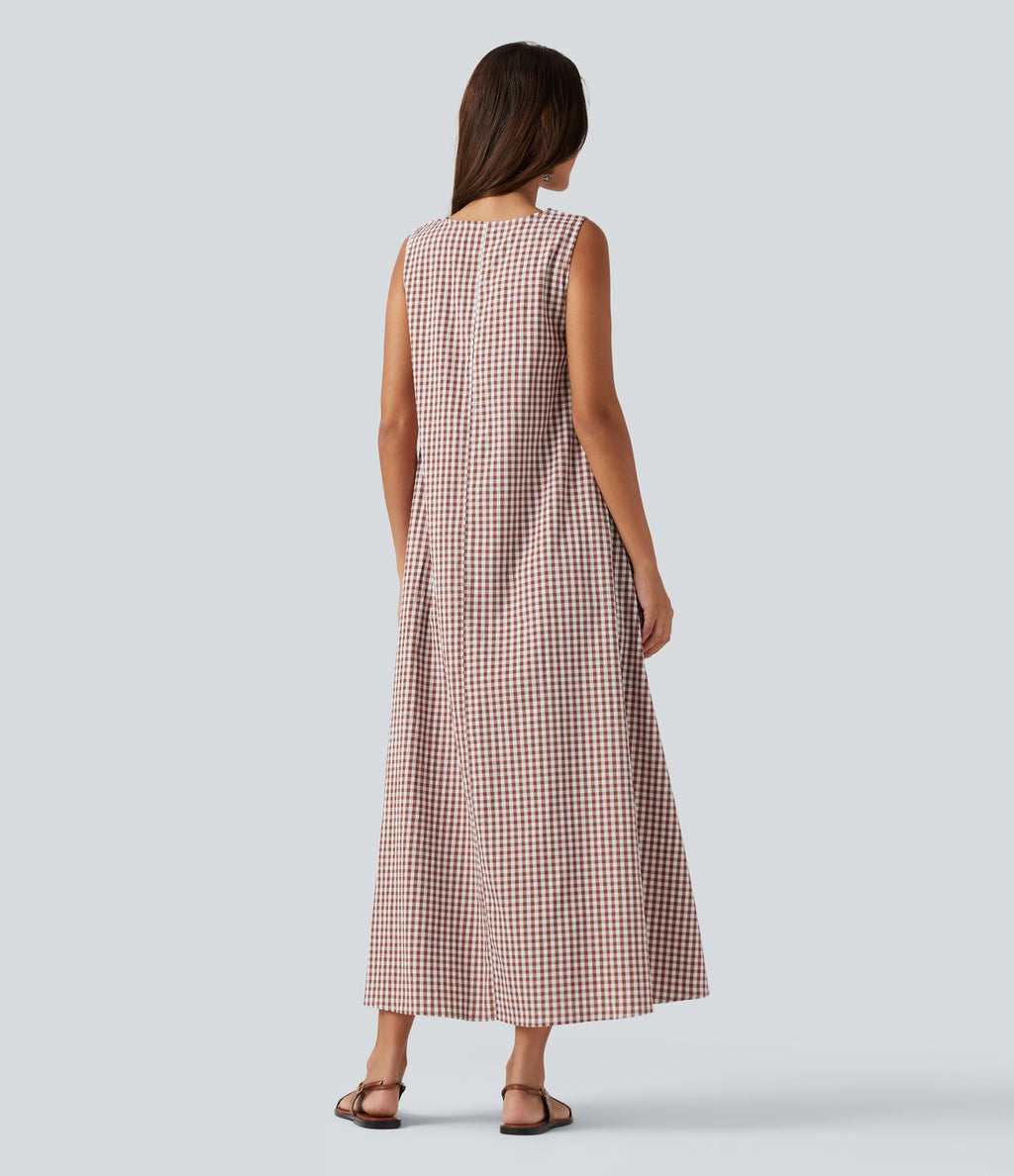 Robe débardeur midi décontractée col rond sans manches en vichy froissé avec poches