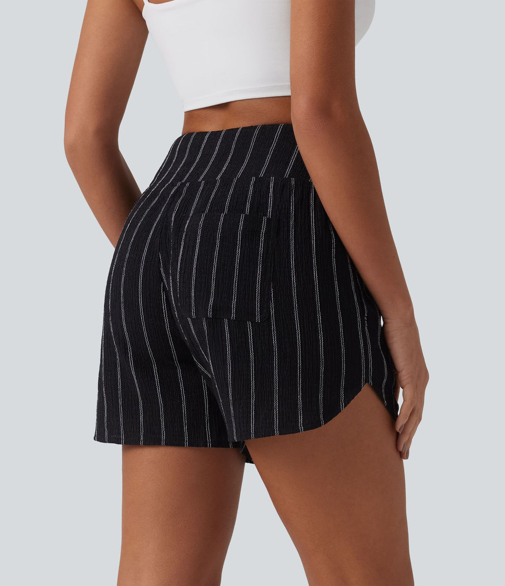 Short casual taille haute ourlet arrondi rayures avec poches