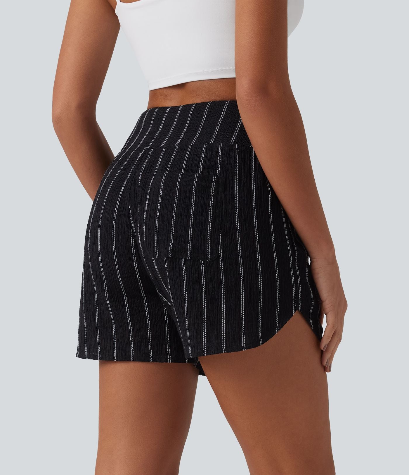 Short casual taille haute ourlet arrondi rayures avec poches