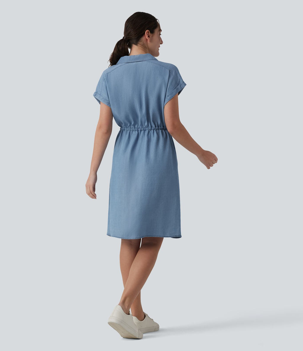 Robe-chemise casual denim en lyocell drapé à col, cordon de serrage, braguette boutonnée et poches