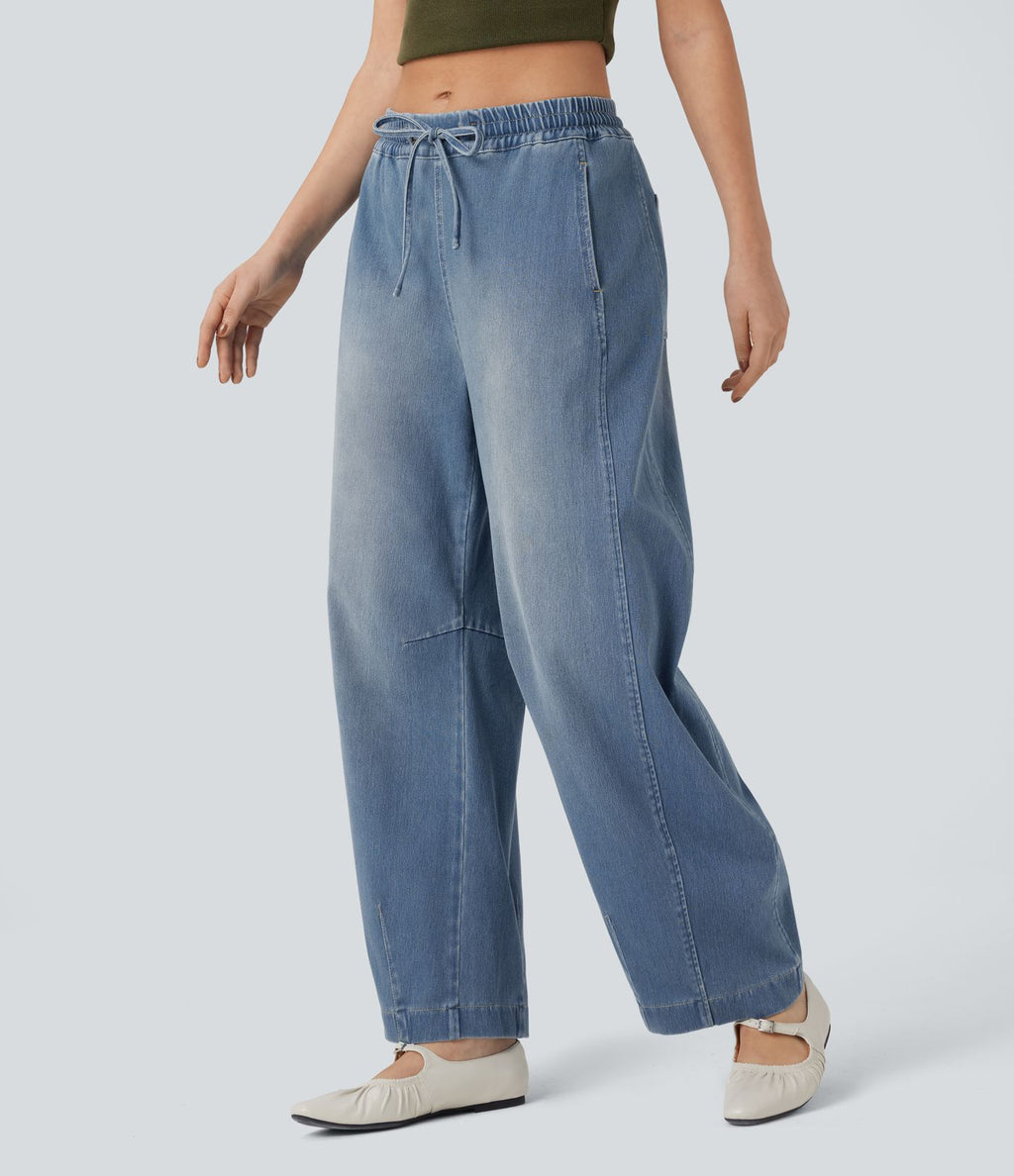 Jean jogging barrel Halara Flex™ molleton français délavé jambe ballon taille mi-haute avec cordon de serrage et poches