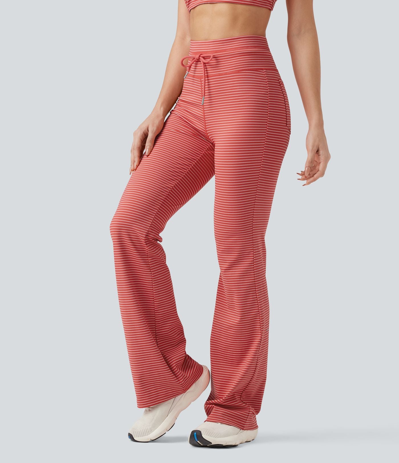 Pantalon de yoga évasé à rayures, taille haute, cordon et poches