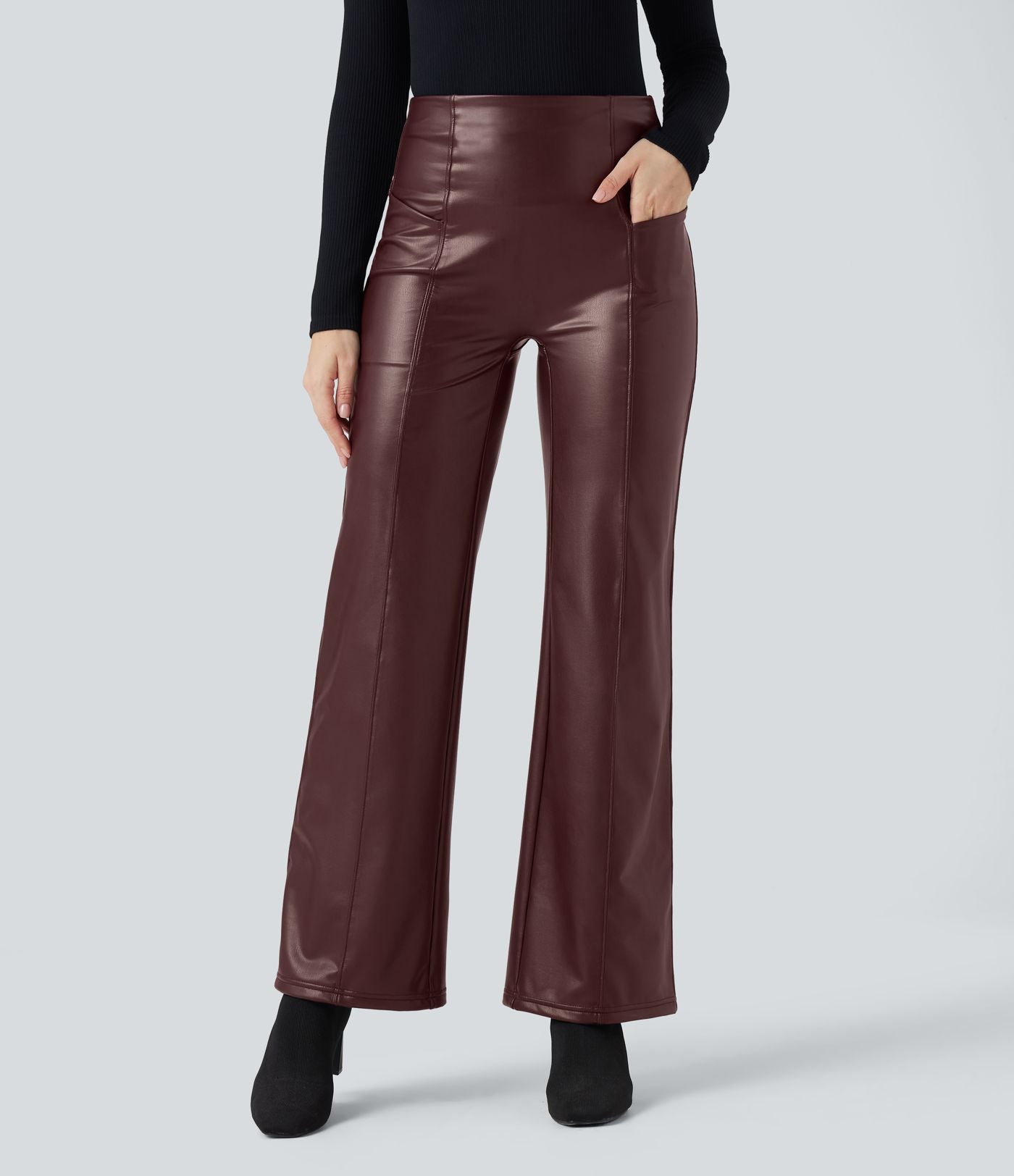 Pantalon similicuir évasé gainant taille haute stretch avec poches