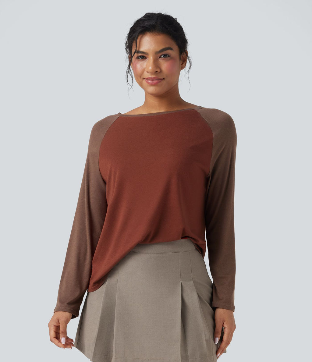 Top col rond manches raglan longues color block