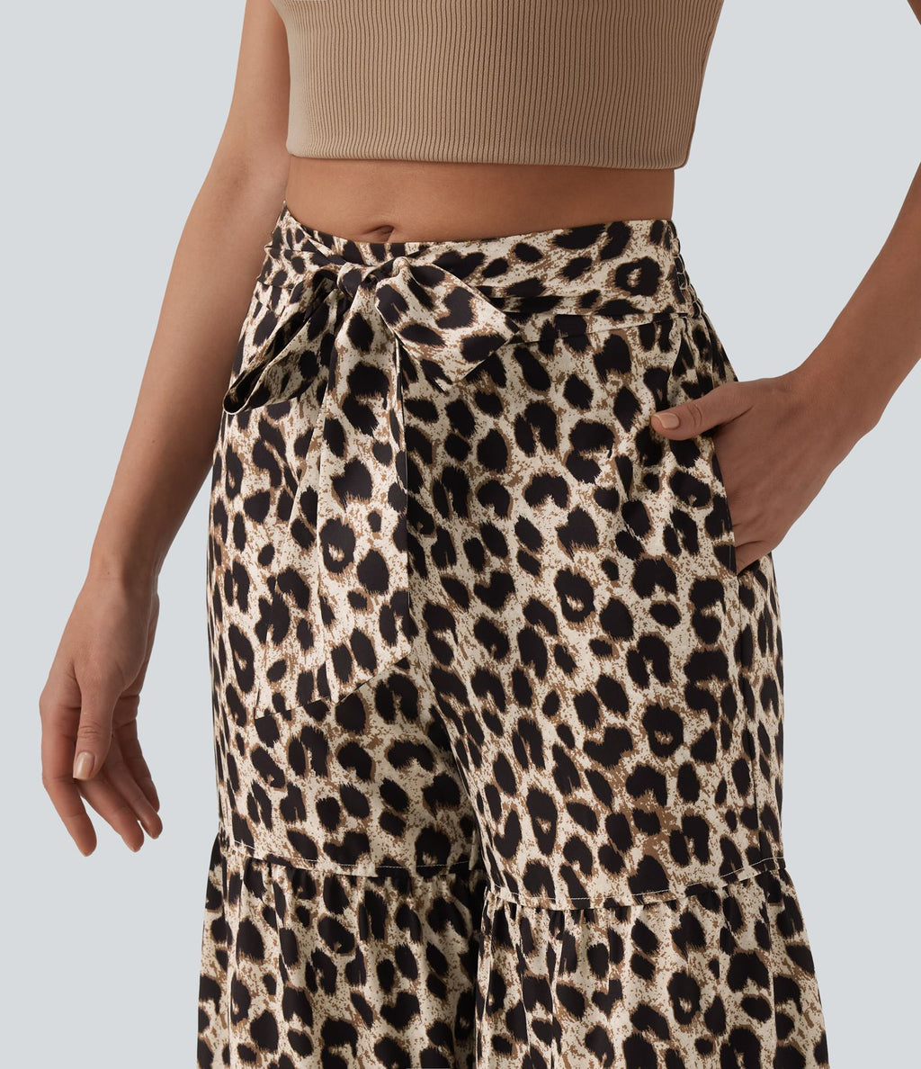 Pantalon ample décontracté taille mi-haute avec nœud devant imprimé léopard avec poches