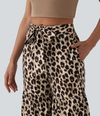 Pantalon ample décontracté taille mi-haute avec nœud devant imprimé léopard avec poches