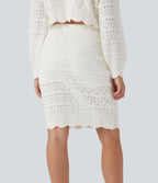 Jupe-pull décontractée 2-en-1 maille ajourée longueur genou taille haute avec poches