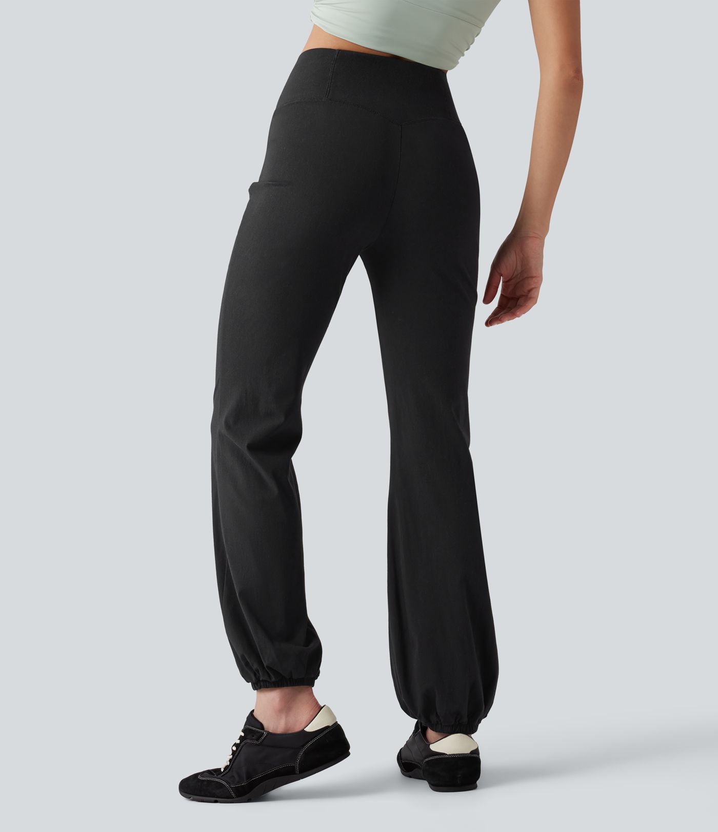 Jogging bouffant casual en lin extensible à taille haute croisée avec poches