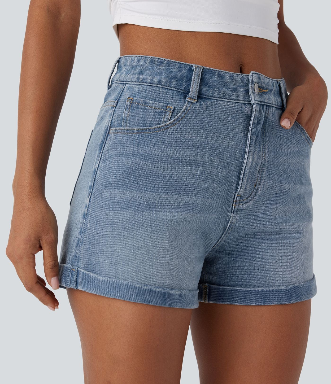 Short 7,5 cm décontracté en jean extensible Halara Flex™ taille moyenne avec boutons, zip et multiples poches