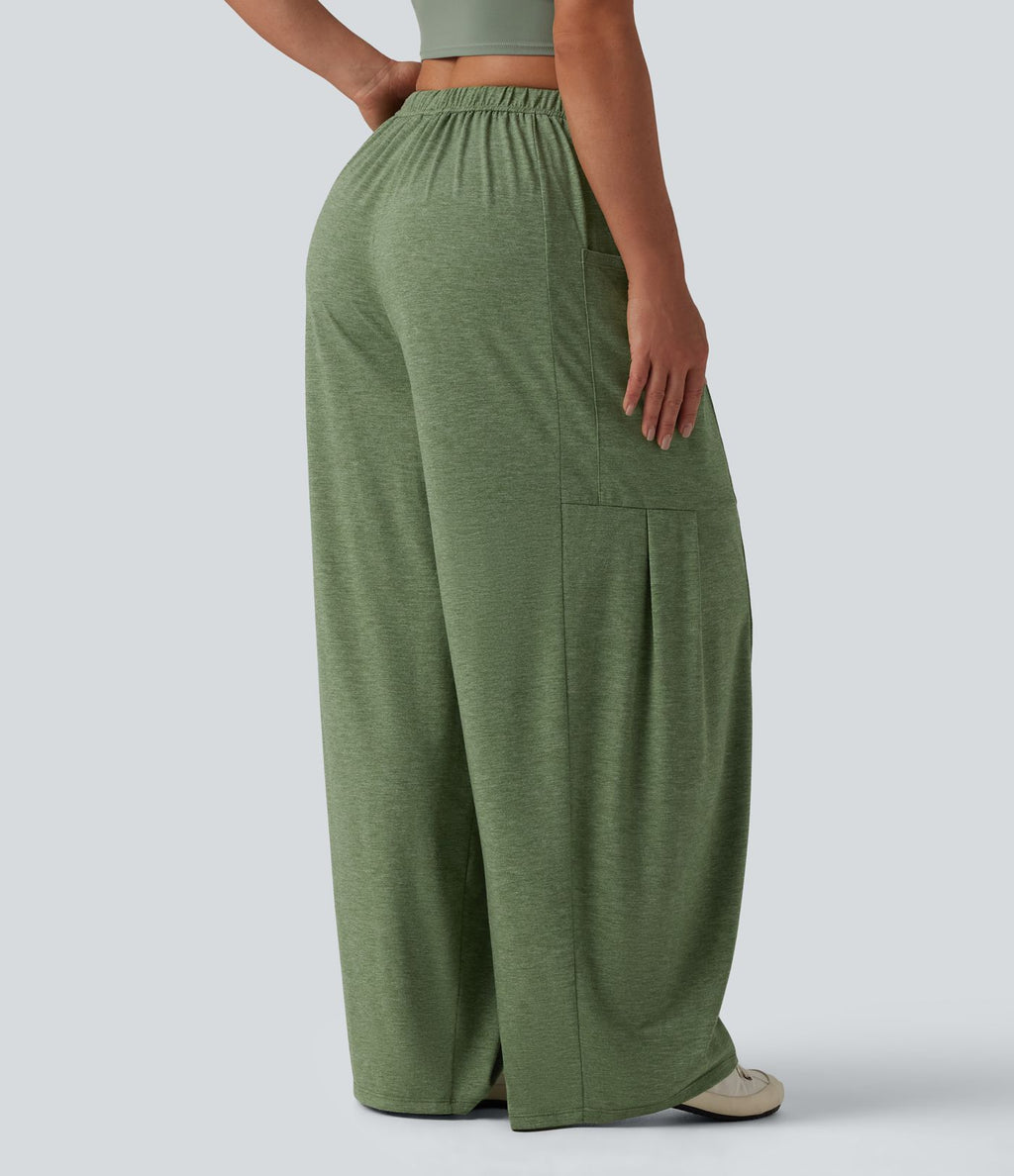 Pantalon large décontracté chiné taille mi-haute avec cordon de serrage avec poches